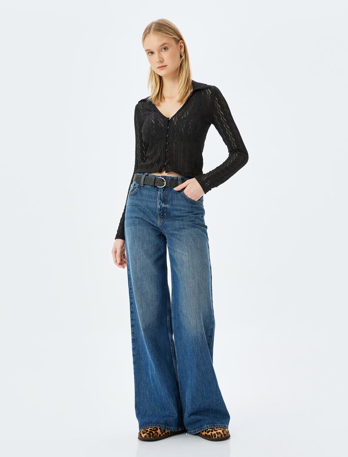  Polo Yaka Düğmeli Ajurlu Uzun Kollu Tişört