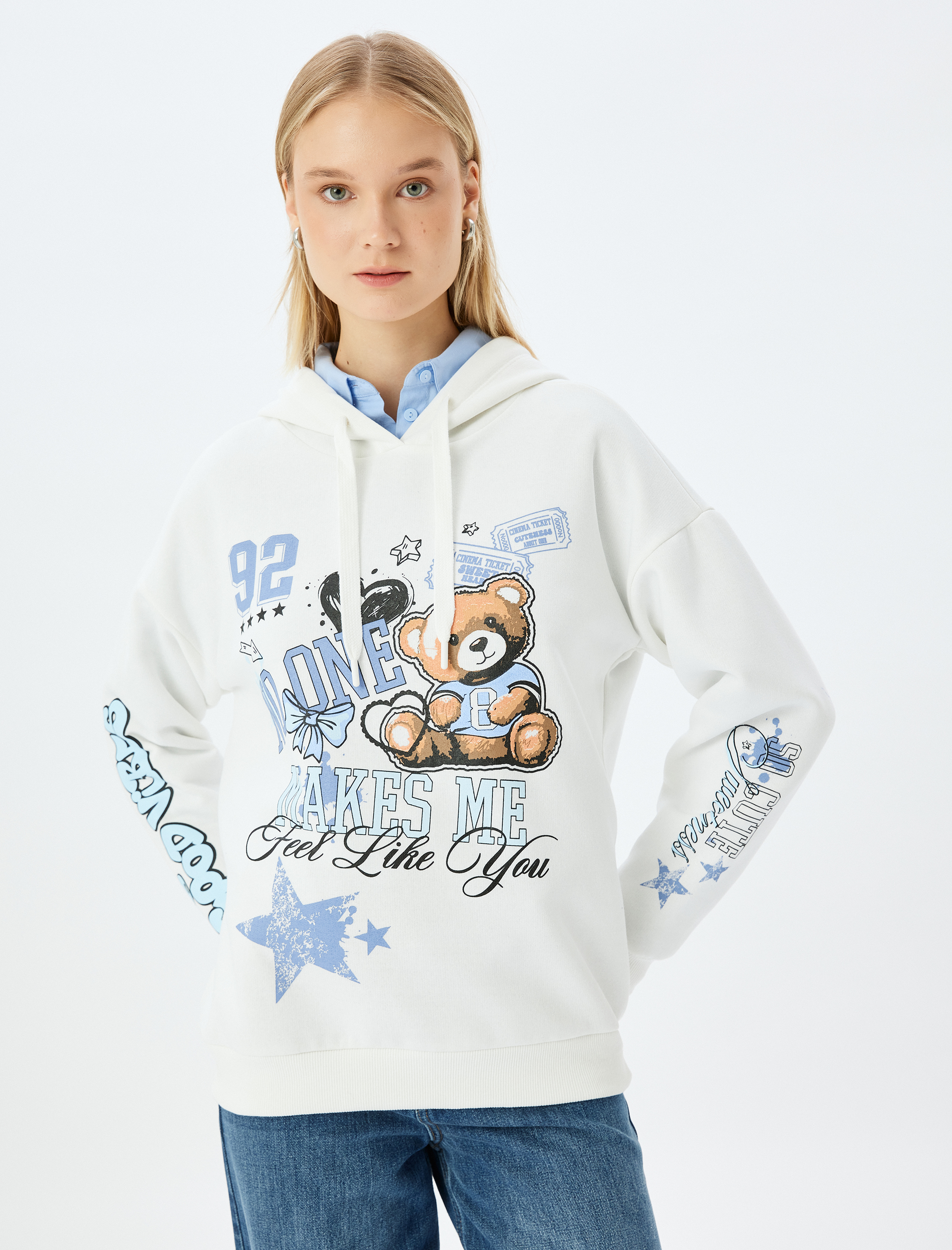   Şardonlu Kolej Baskılı Kapüşonlu Oversize Sweatshirt