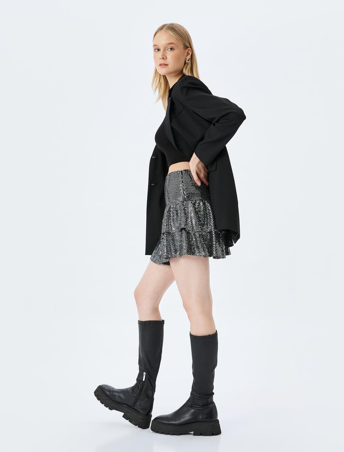  Katlı Volanlı Pullu Payetli Mini Etek