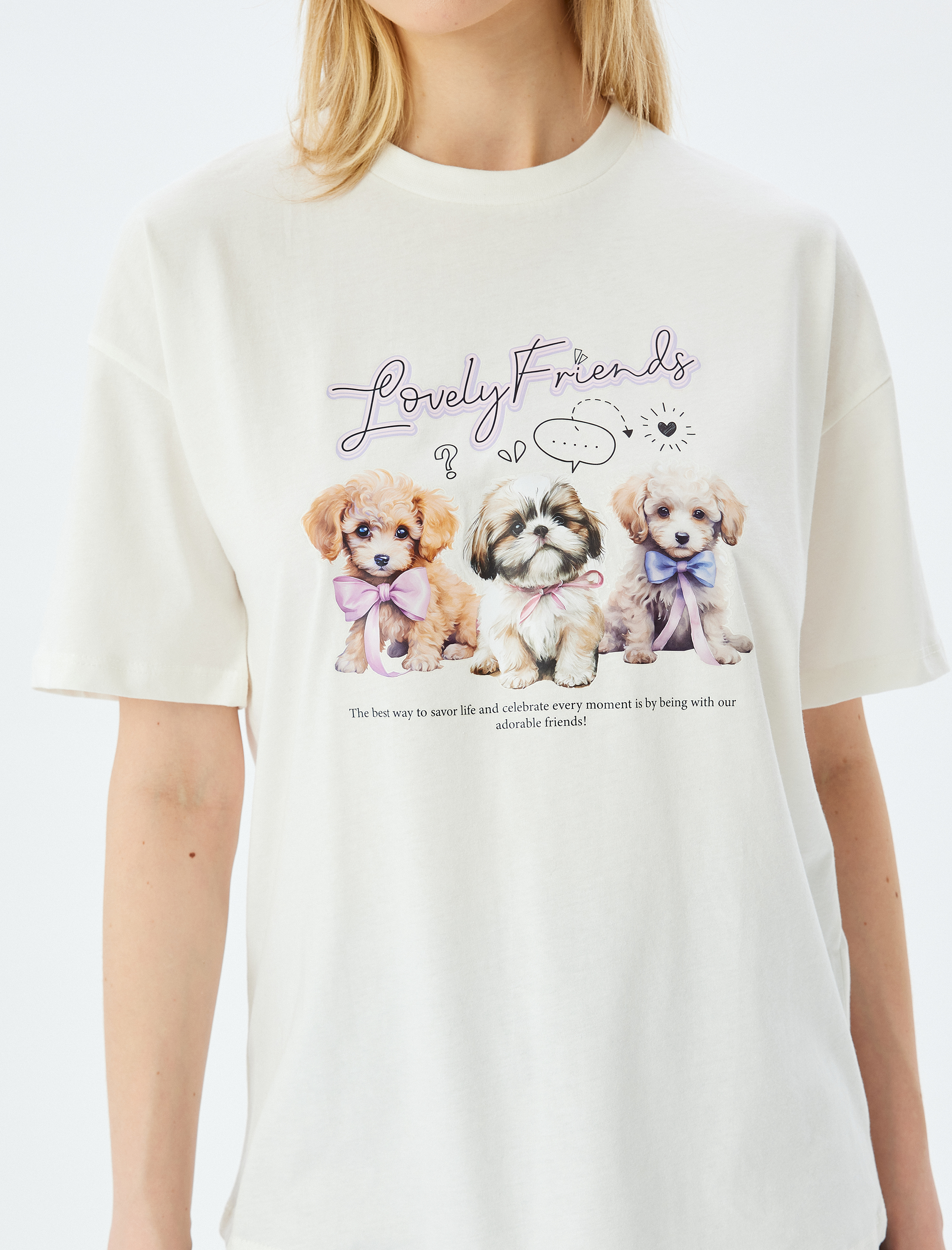   Köpek Baskılı Sloganlı Bisiklet Yaka Kısa Kollu Tişört