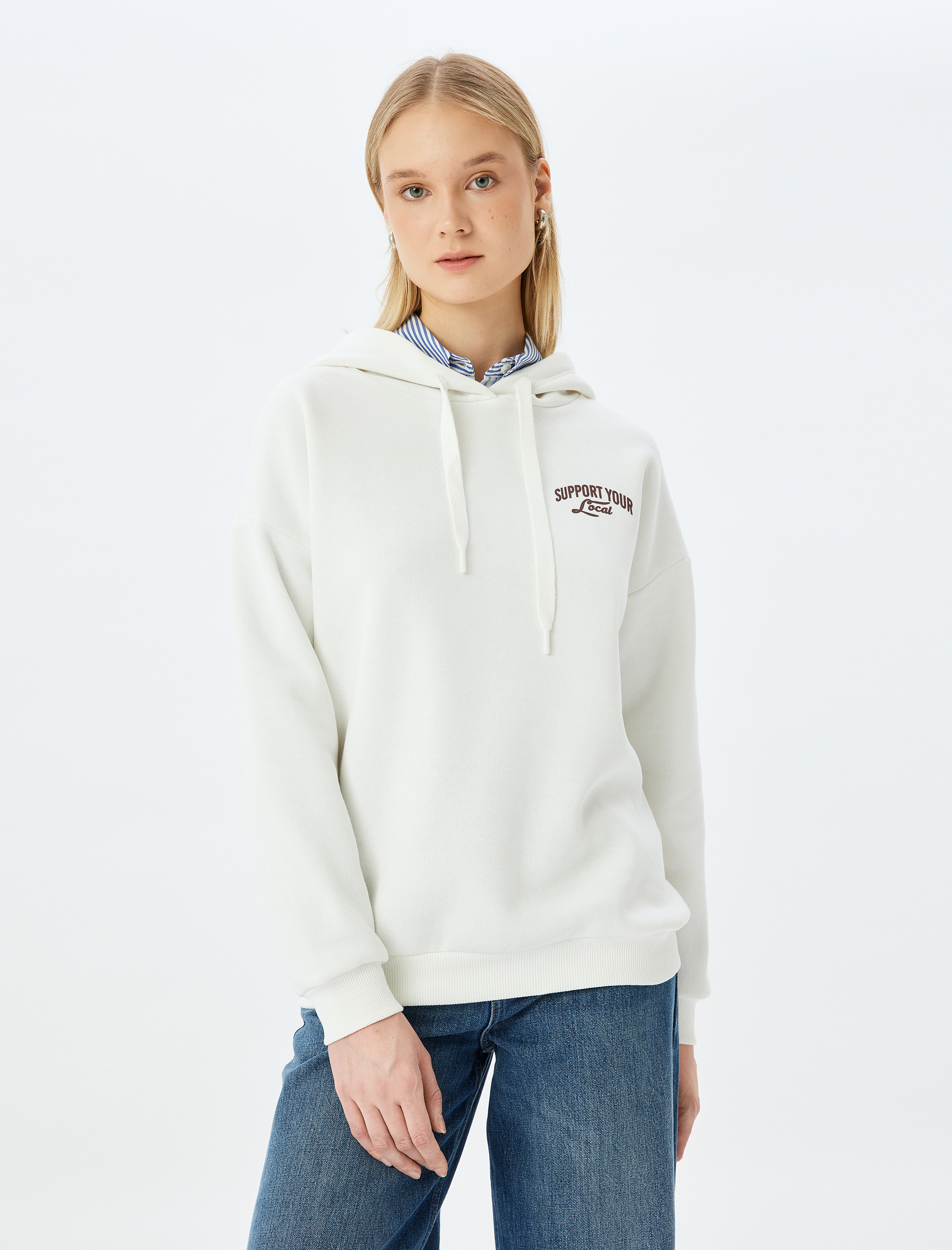   Şardonlu Arkası Baskılı Kapüşonlu Uzun Kollu Sweatshirt