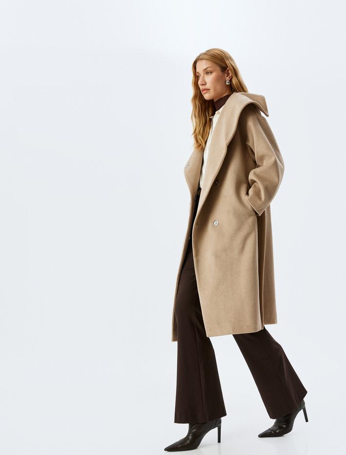  Cepli Kuşak Kemer Detaylı Geniş Şal Yaka Uzun Kaşe Kaban