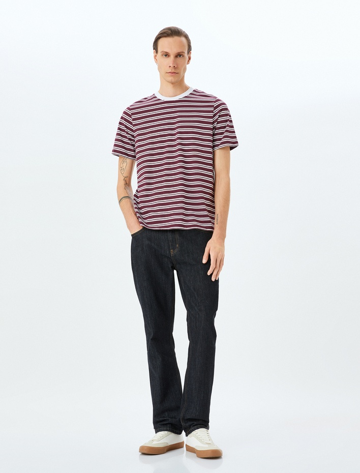  Kısa Kollu Pamuklu Regular Fit Bisiklet Yaka Çizgili Tişört