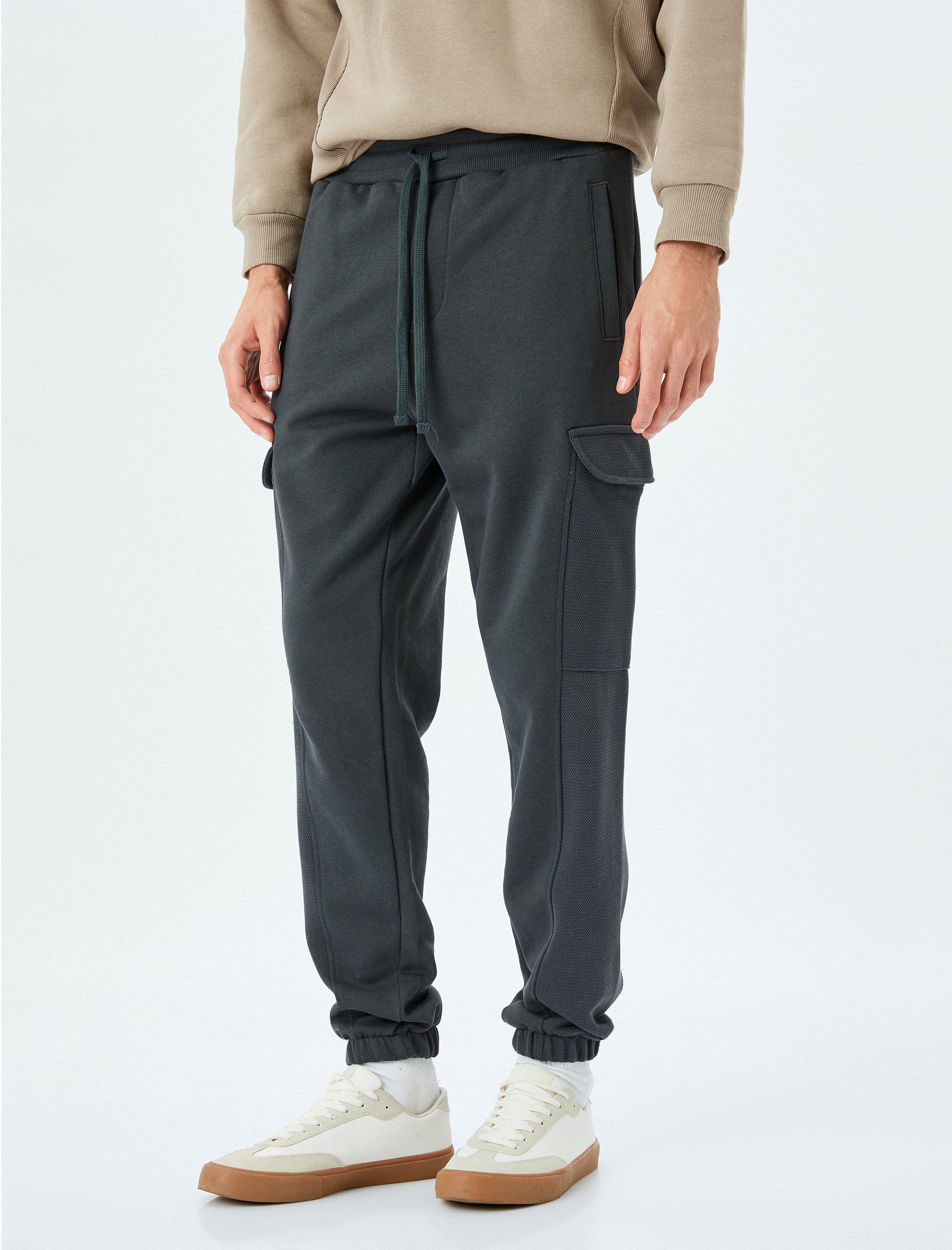   Beli Bağcıklı Pamuk Karışımlı Şardonlu Kargo Cepli Kışlık Eşofman Altı