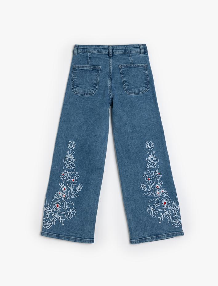 Kız Çocuk İşleme Detaylı Bol Paça Kot Pantolon Cepli Pamuklu - Wide Leg Jean