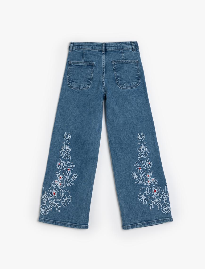  Kız Çocuk İşleme Detaylı Bol Paça Kot Pantolon Cepli Pamuklu - Wide Leg Jean