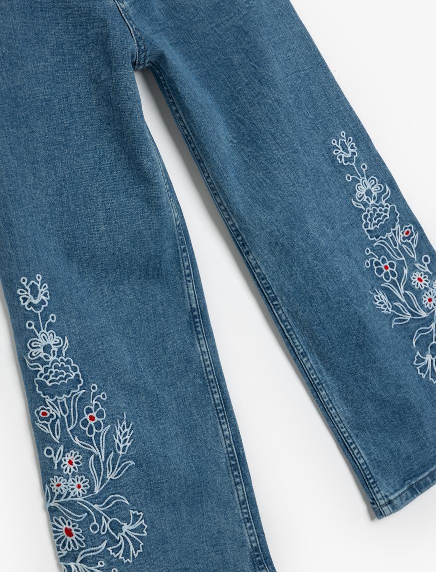  Kız Çocuk İşleme Detaylı Bol Paça Kot Pantolon Cepli Pamuklu - Wide Leg Jean