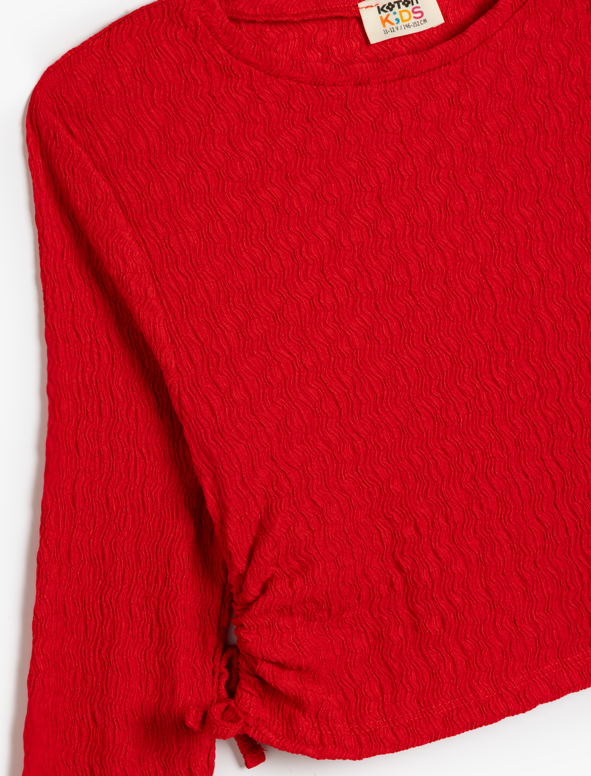  Kız Çocuk Büzgü Detaylı Uzun Kollu Bisiklet Yaka Dokulu Bluz