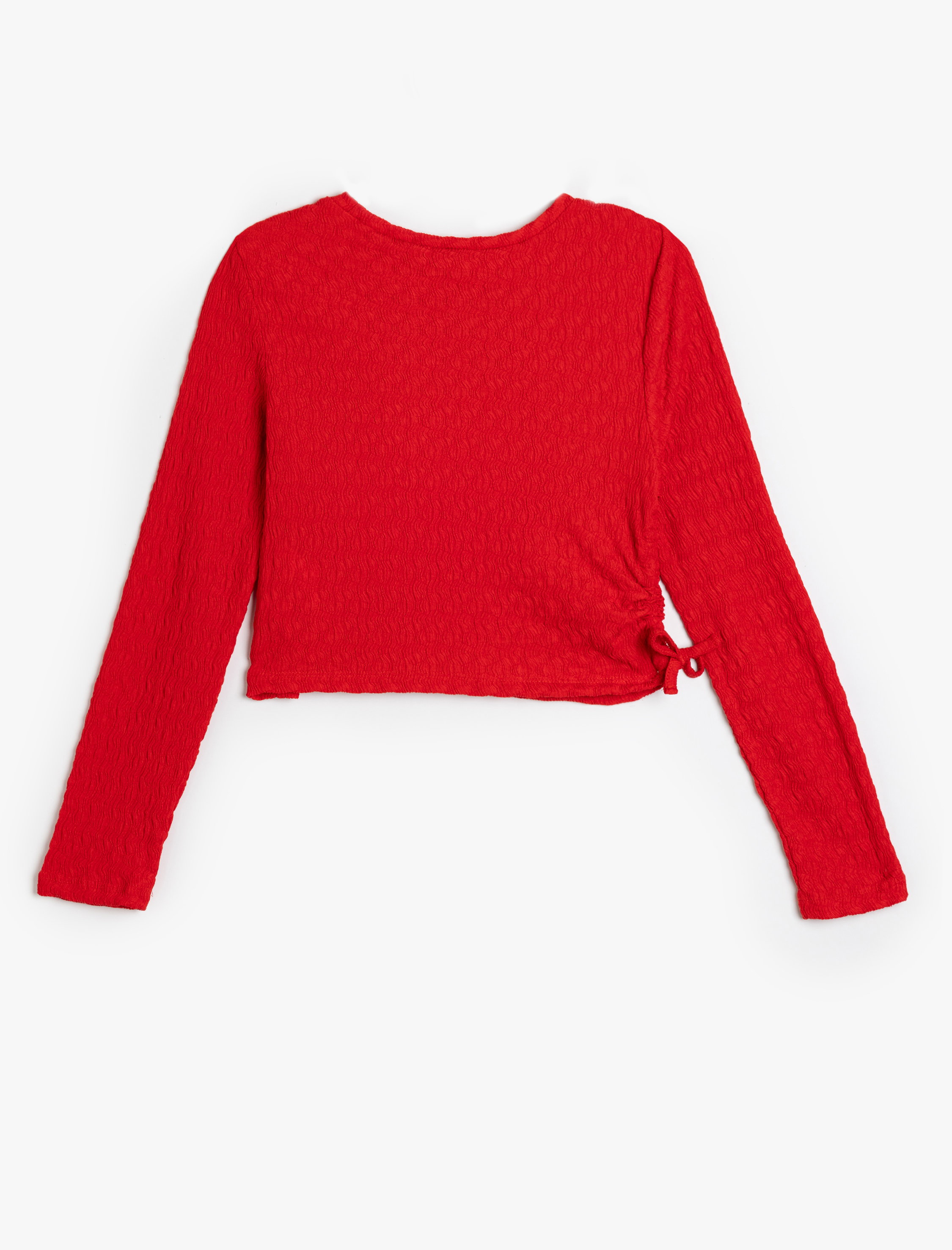  Kız Çocuk Büzgü Detaylı Uzun Kollu Bisiklet Yaka Dokulu Bluz