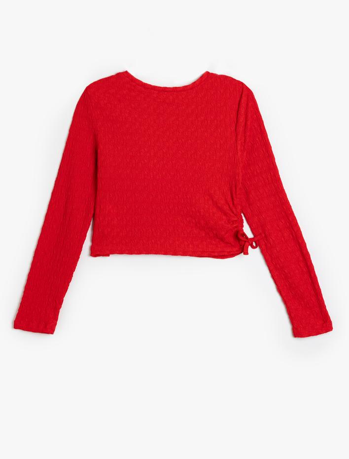 Kız Çocuk Büzgü Detaylı Uzun Kollu Bisiklet Yaka Dokulu Bluz