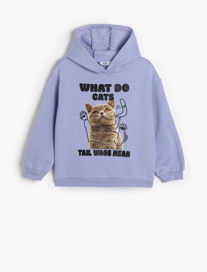 Kız Çocuk Kapşonlu Sweatshirt Kedi Baskılı Uzun Kollu