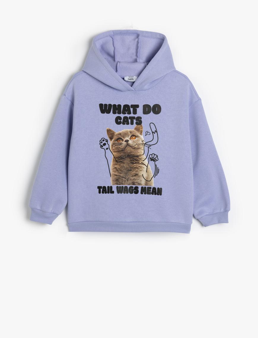  Kız Çocuk Kapşonlu Sweatshirt Kedi Baskılı Uzun Kollu