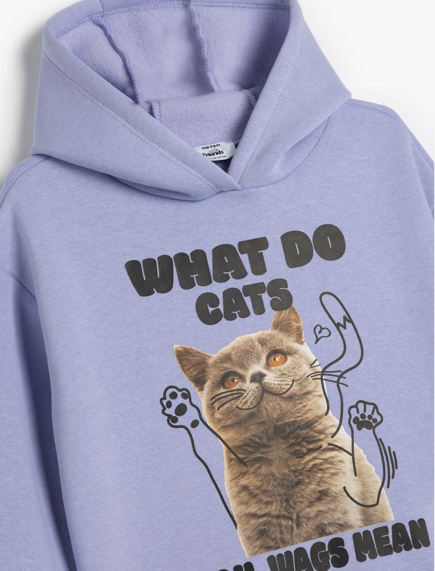  Kız Çocuk Kapşonlu Sweatshirt Kedi Baskılı Uzun Kollu