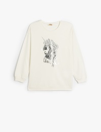 Sweatshirt Unicorn Baskılı Uzun Kollu Bisiklet Yaka Pamuklu