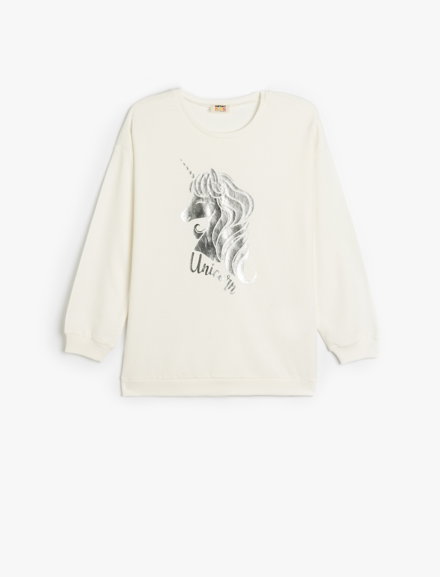  Kız Çocuk Sweatshirt Unicorn Baskılı Uzun Kollu Bisiklet Yaka Pamuklu