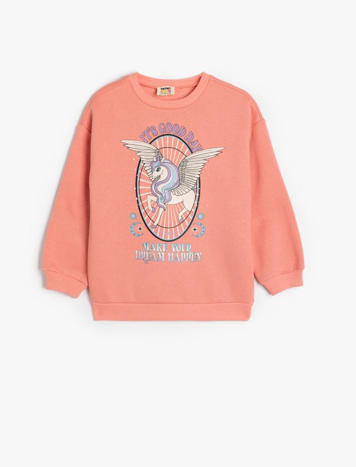 Kız Çocuk Sweatshirt Unicorn Baskılı Uzun Kollu Bisiklet Yaka