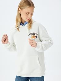 Kapüşonlu Cep Detaylı Kedi Baskılı Rahat Kalıp Şardonlu Sweatshirt