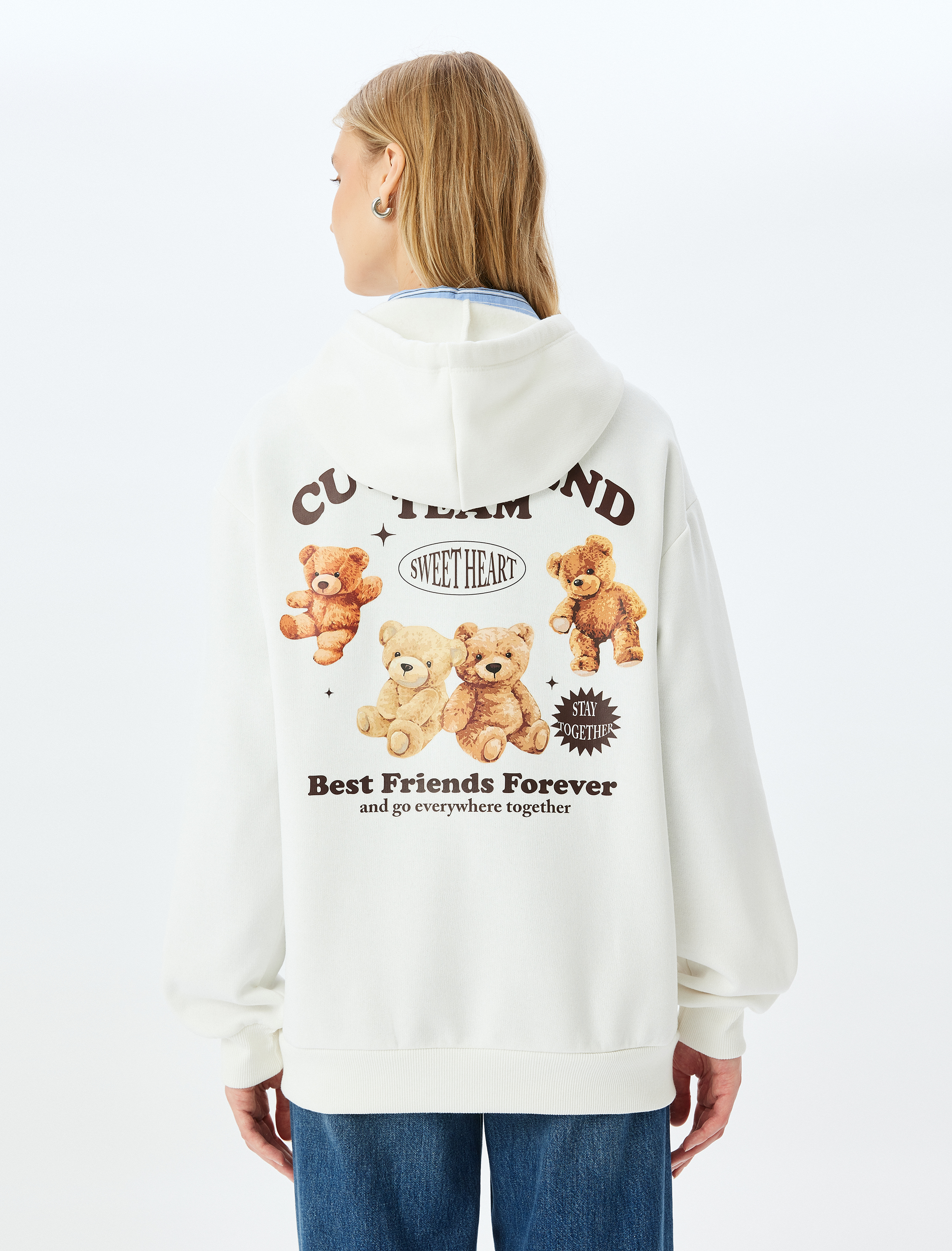   Şardonlu Arkası Baskılı Kanguru Cepli Kapüşonlu Sweatshirt