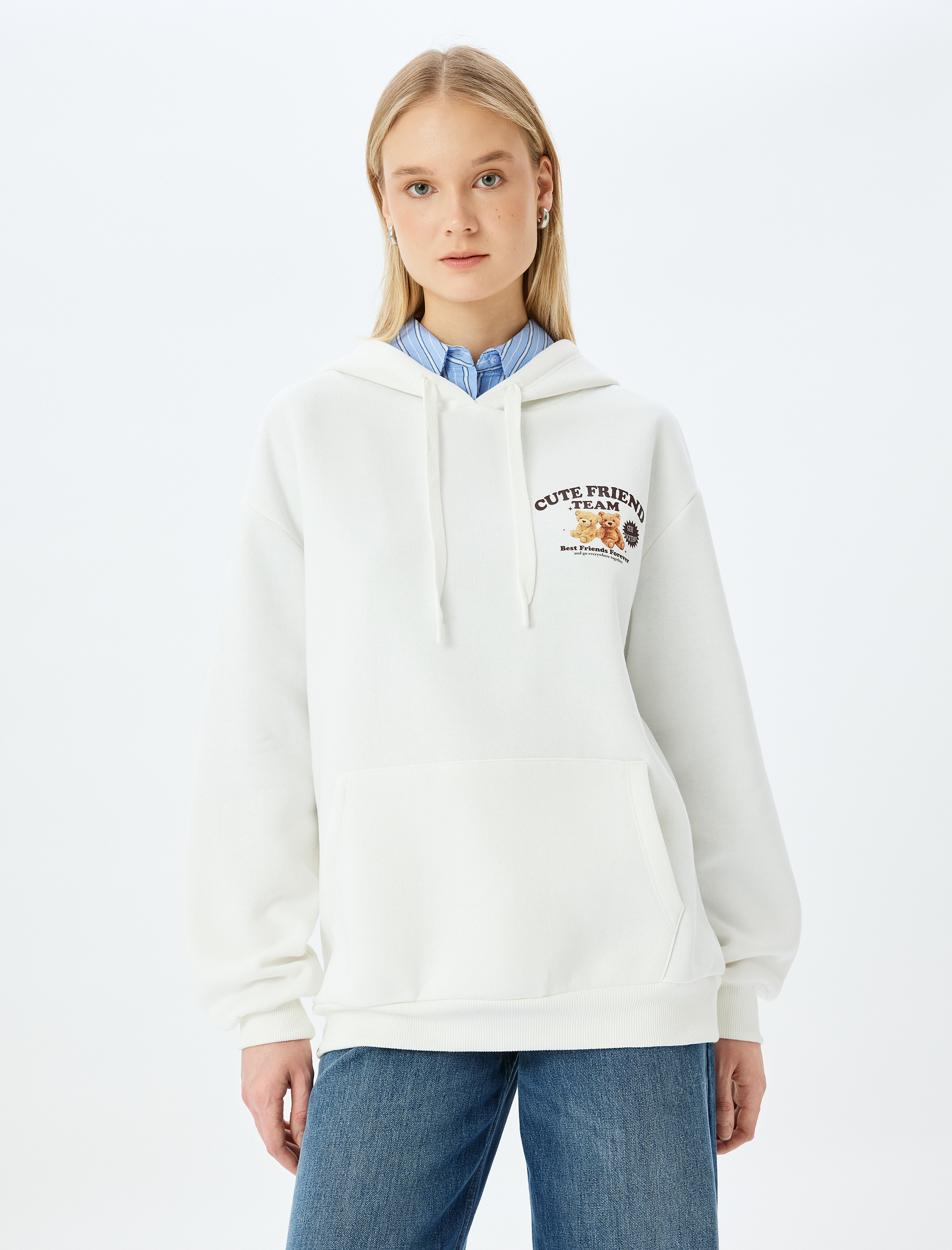   Şardonlu Arkası Baskılı Kanguru Cepli Kapüşonlu Sweatshirt