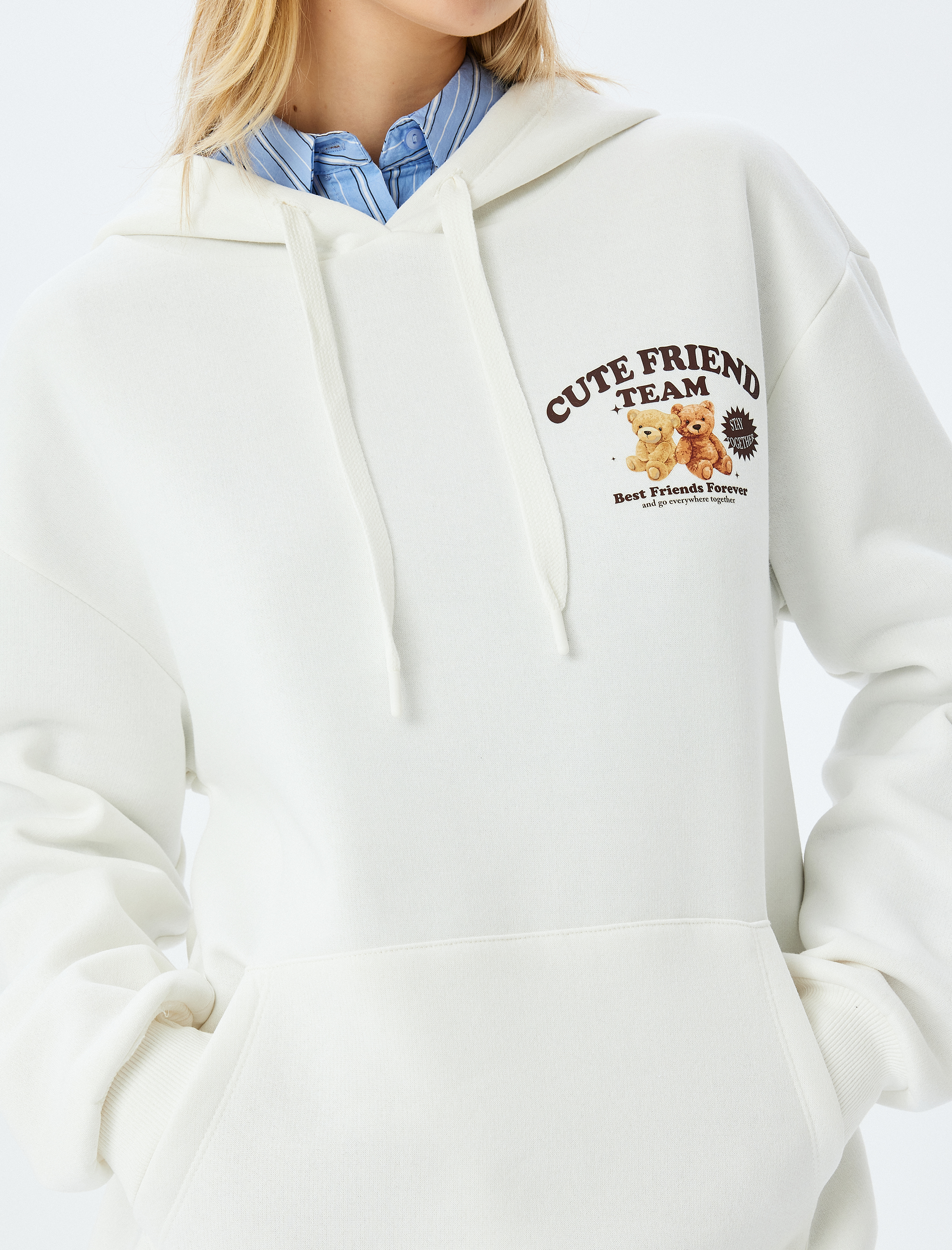   Şardonlu Arkası Baskılı Kanguru Cepli Kapüşonlu Sweatshirt