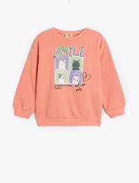 Sweatshirt Kedi Baskılı Uzun Kollu Bisiklet Yaka Şardonlu