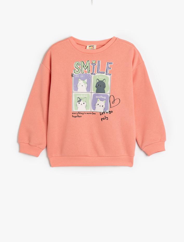 Kız Çocuk Sweatshirt Kedi Baskılı Uzun Kollu Bisiklet Yaka Şardonlu