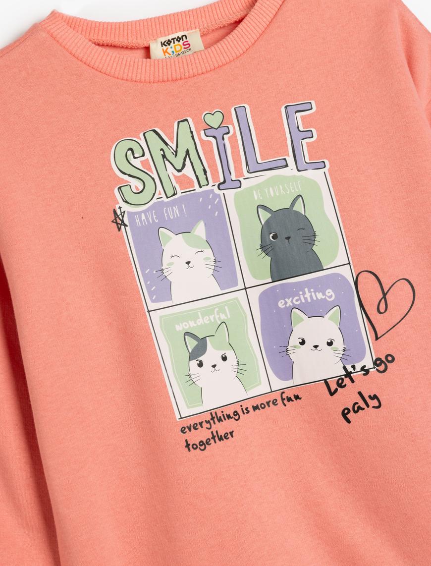  Kız Çocuk Sweatshirt Kedi Baskılı Uzun Kollu Bisiklet Yaka Şardonlu