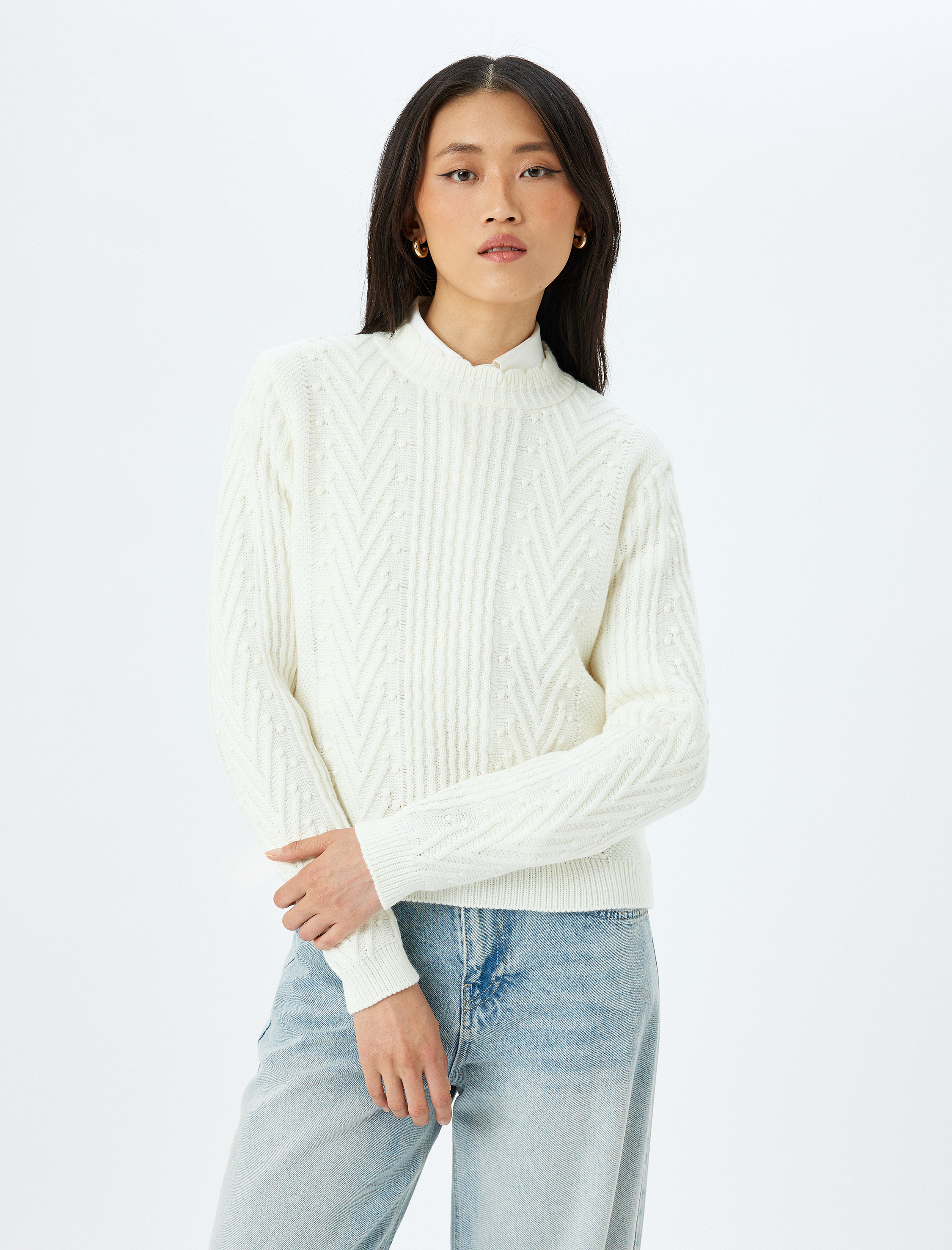   Uzun Kollu Bisiklet Yaka Geometrik Dokulu Örgü Kazak