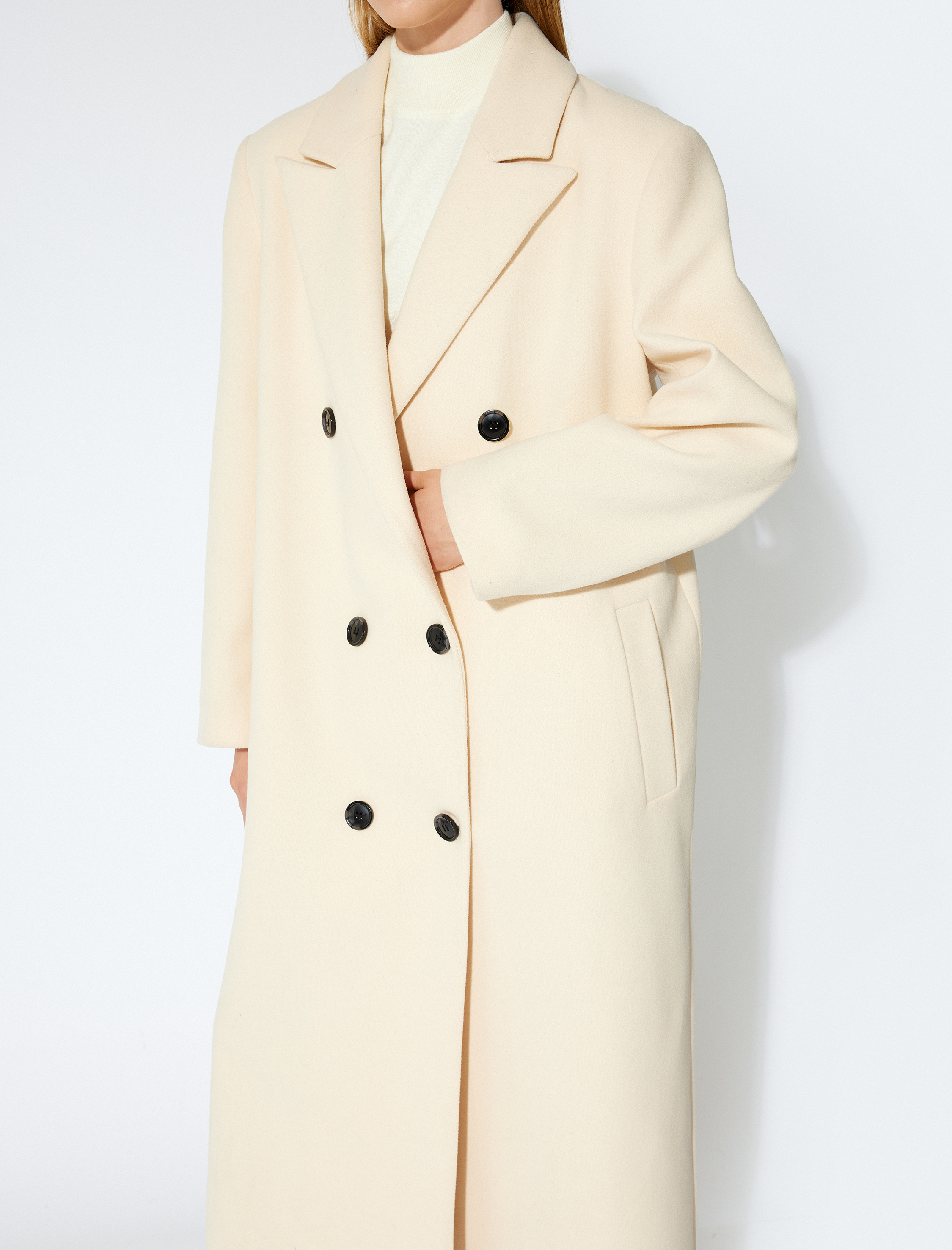 Koton X Sibil Çetinkaya - Cepli Düğmeli Kruvaze Ekstra Uzun Kaşe Kaban