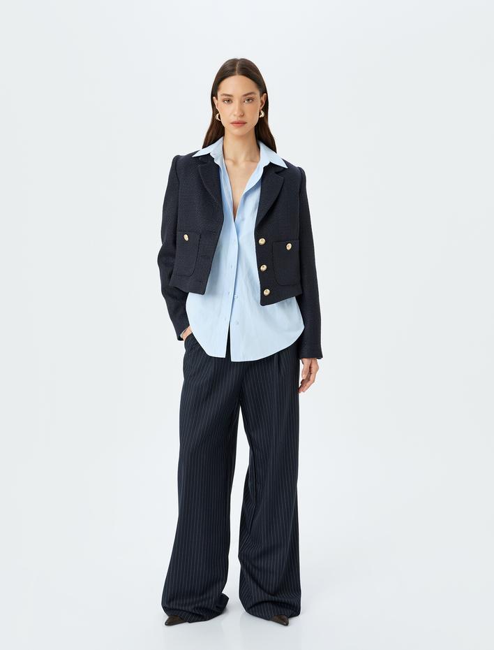  Slim Fit Gold Düğme Detaylı Cepli Crop Tüvit Blazer Ceket