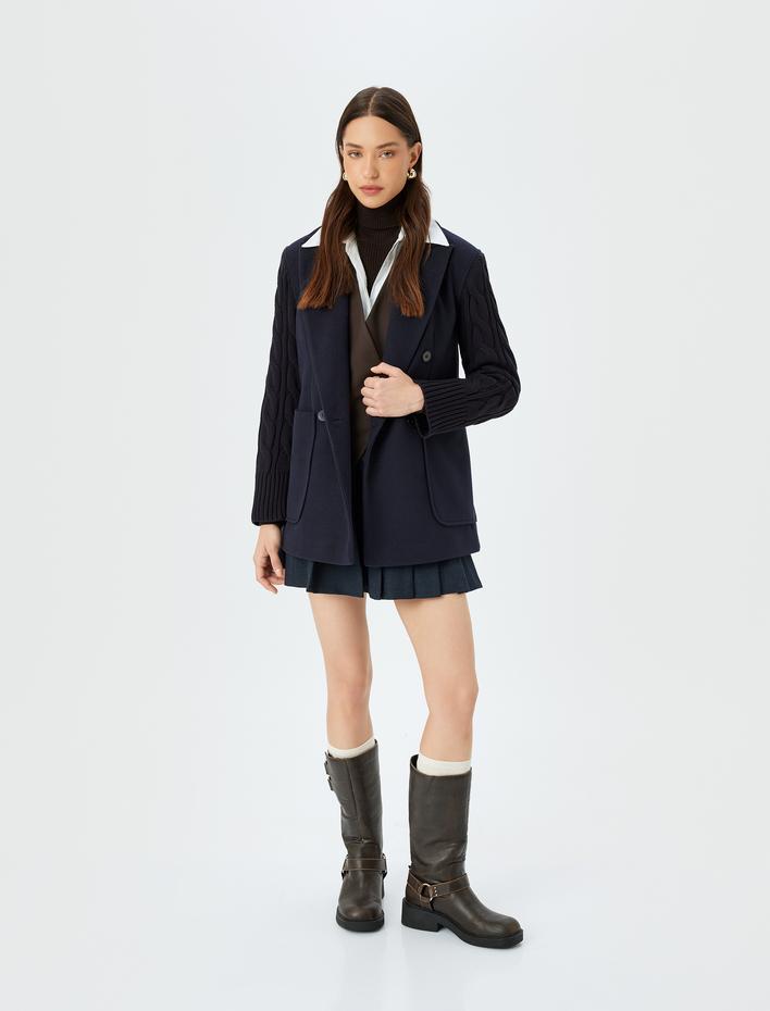  Cepli Düğmeli Kruvaze Kolları Triko Kaşe Ceket