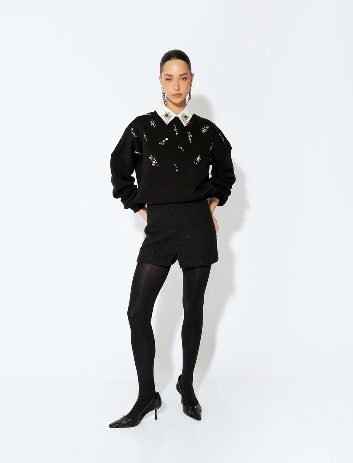  Üç İplik Şardonlu Uzun Kollu Bisiklet Yaka Pullu Payetli Sweatshirt