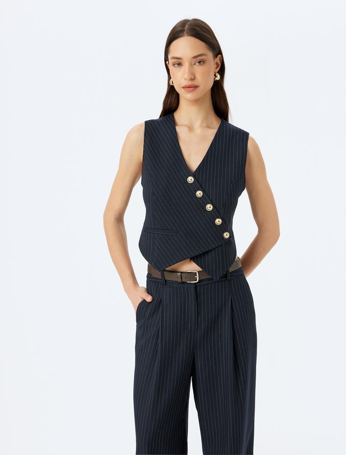  Gold Düğme Detaylı Kruvaze Asimetrik Yelek