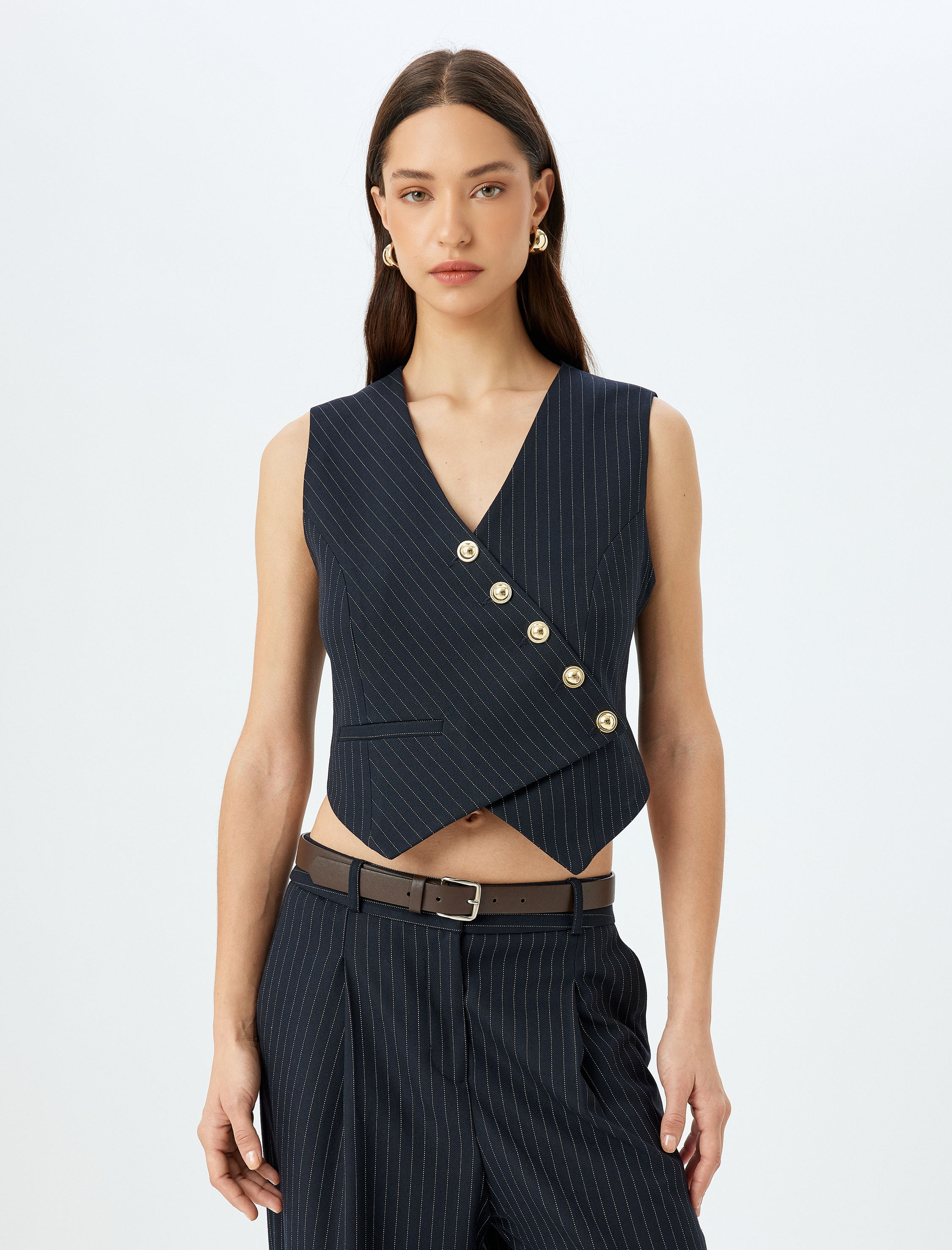   Gold Düğme Detaylı Kruvaze Asimetrik Yelek