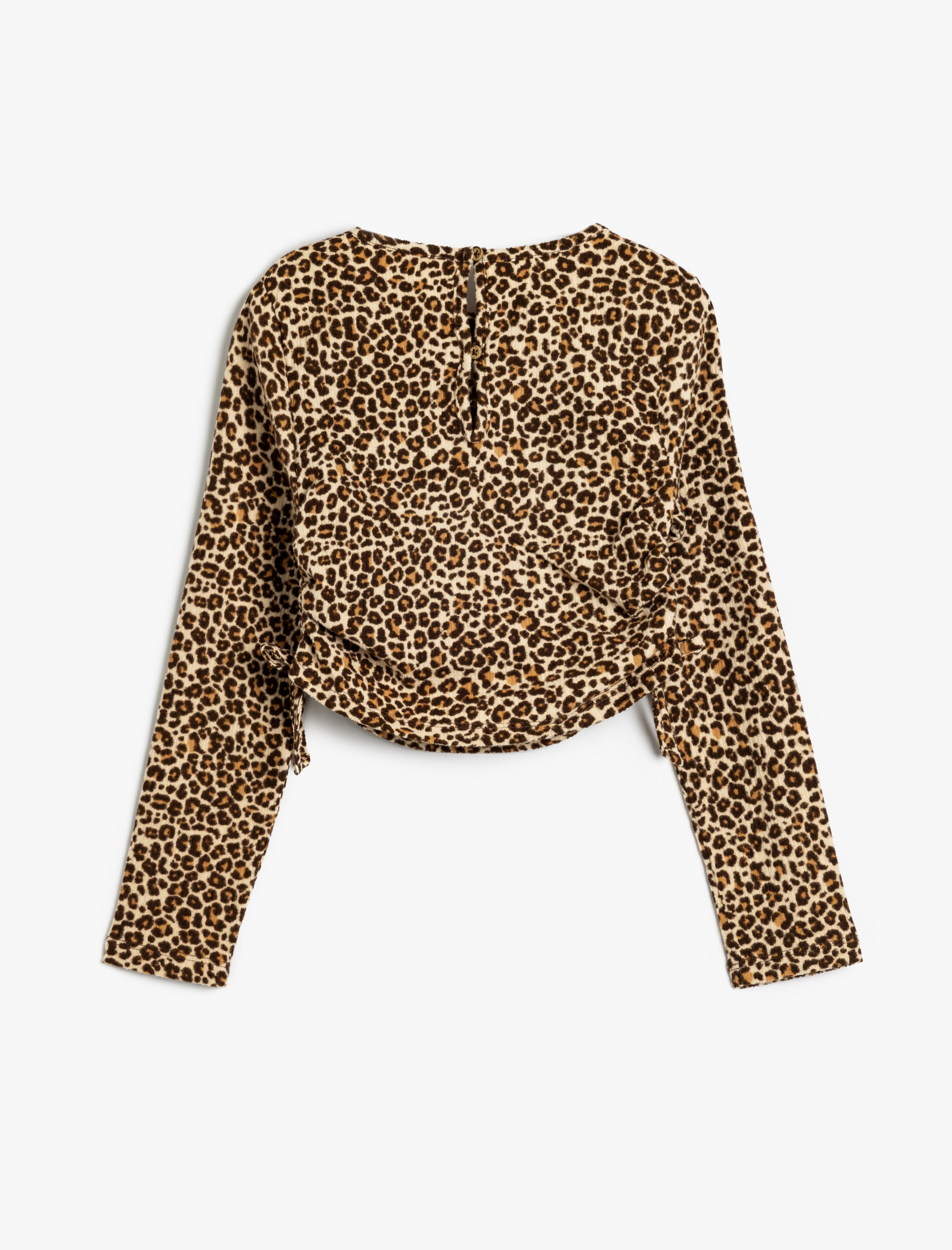  Kız Çocuk Leopar Desenli Bluz Yanları Büzgülü Bağlamalı Uzun Kollu Bisiklet Yaka Şardonlu