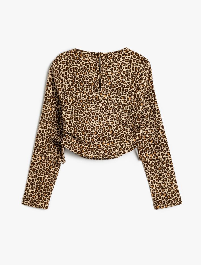 Kız Çocuk Leopar Desenli Bluz Yanları Büzgülü Bağlamalı Uzun Kollu Bisiklet Yaka Şardonlu