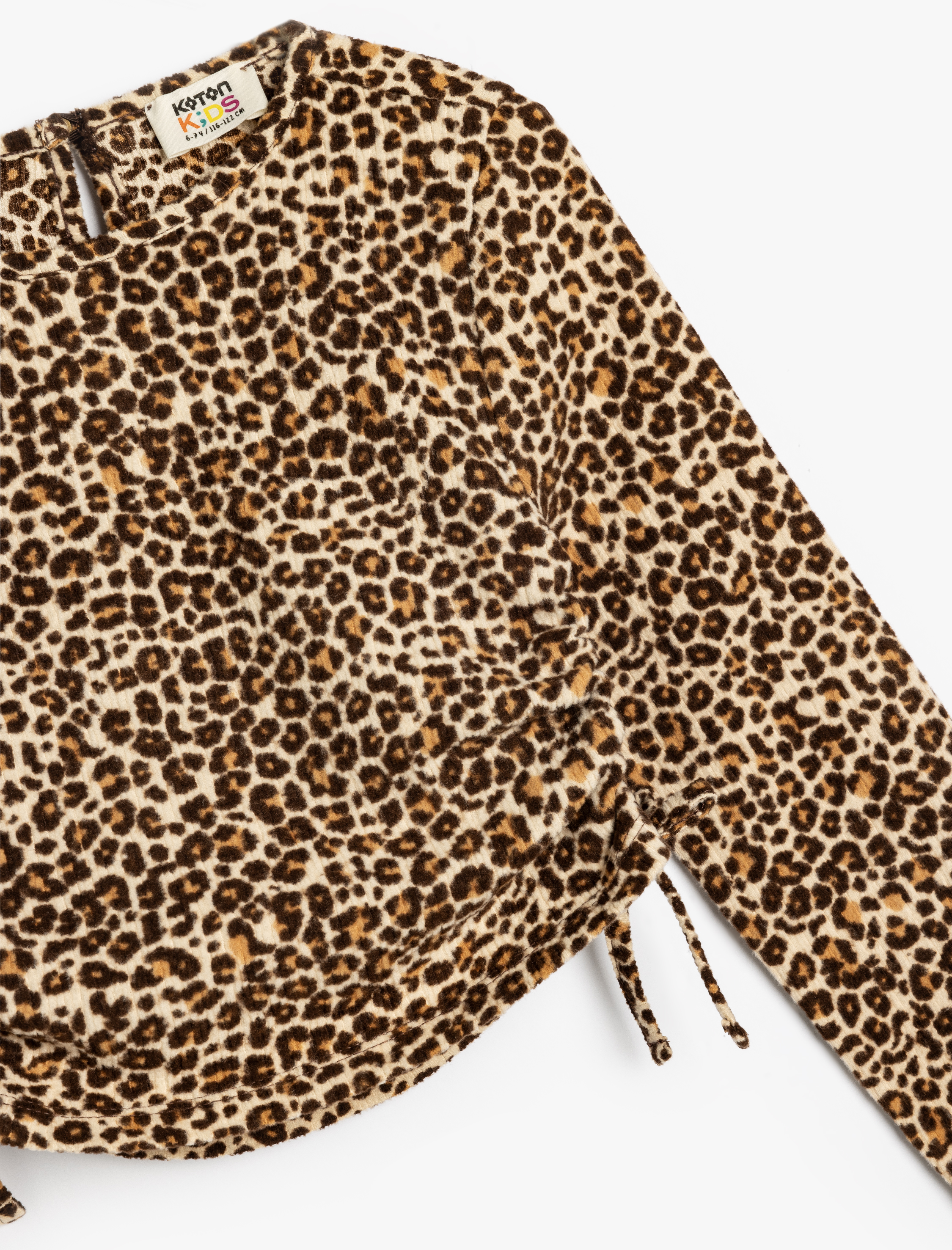  Kız Çocuk Leopar Desenli Bluz Yanları Büzgülü Bağlamalı Uzun Kollu Bisiklet Yaka Şardonlu
