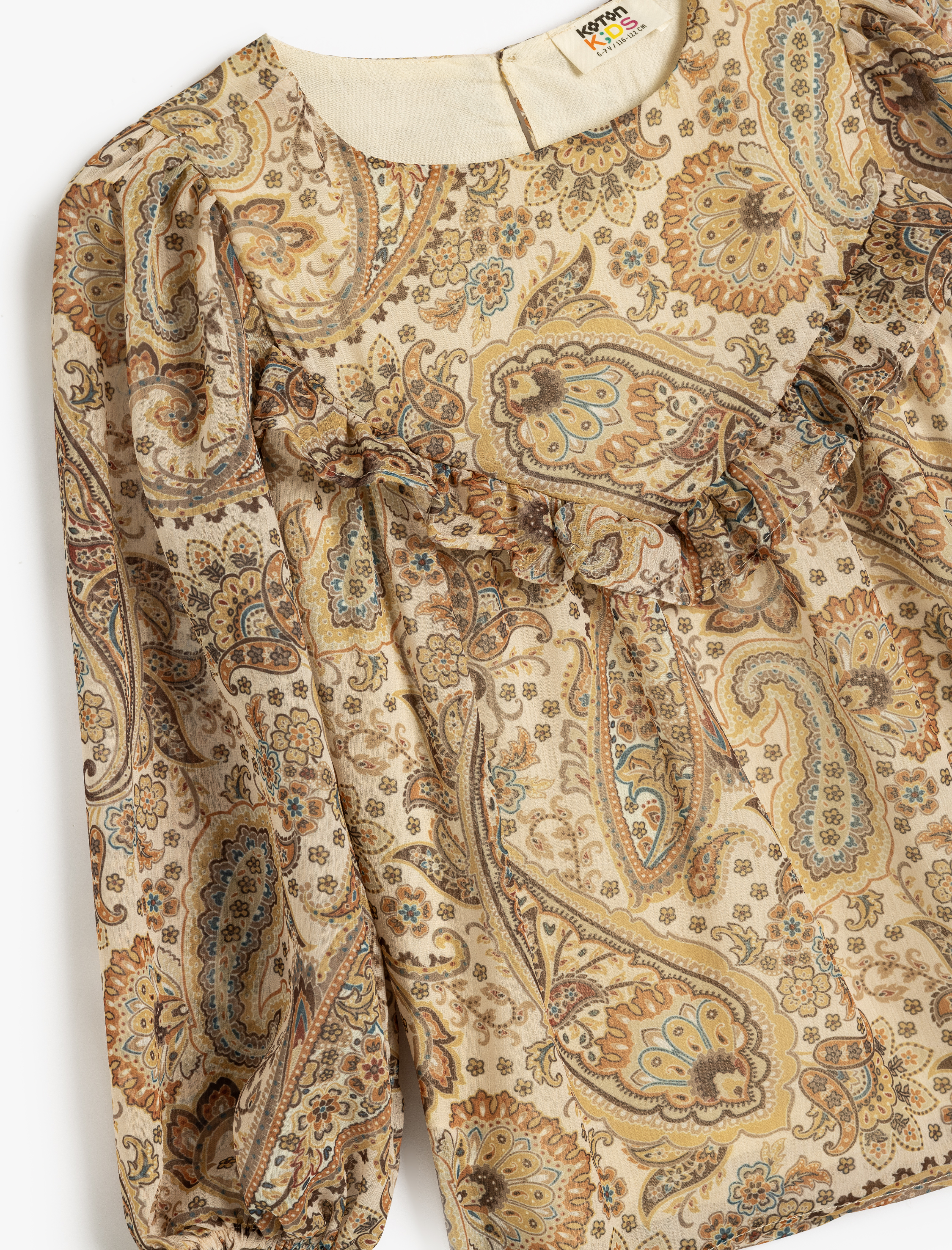  Kız Çocuk Fırfırlı Bluz Uzun Kollu Yuvarlak Yaka Manşetleri Lastikli