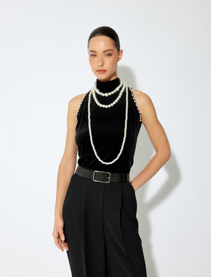  Slim Fit Kolsuz Dik Yaka Taşlı Kadife Üst