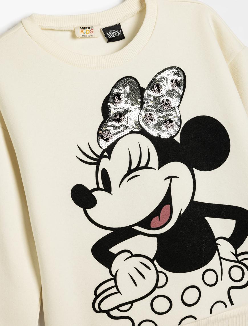  Kız Çocuk Minnie Mouse Sweatshirt Lisanslı Pullu Payetli Uzun Kollu Bisiklet Yaka Şardonlu