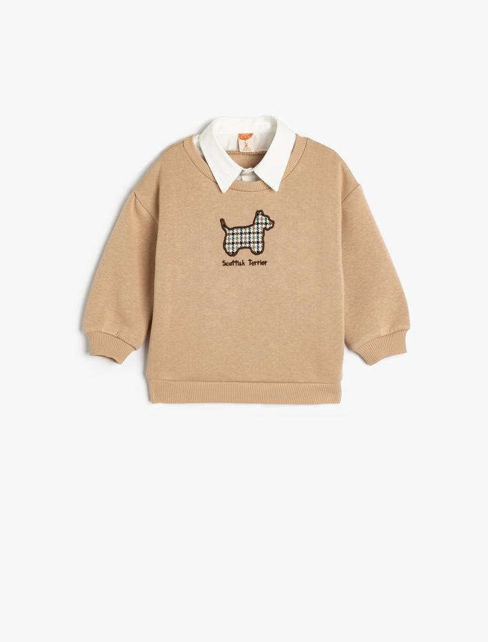 Kız Bebek Gömlek Yaka Sweatshirt Köpek Aplikeli Uzun Kollu Şardonlu