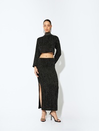 Uzun Kollu Dik Yaka Parıltılı Taşlı Crop Kazak