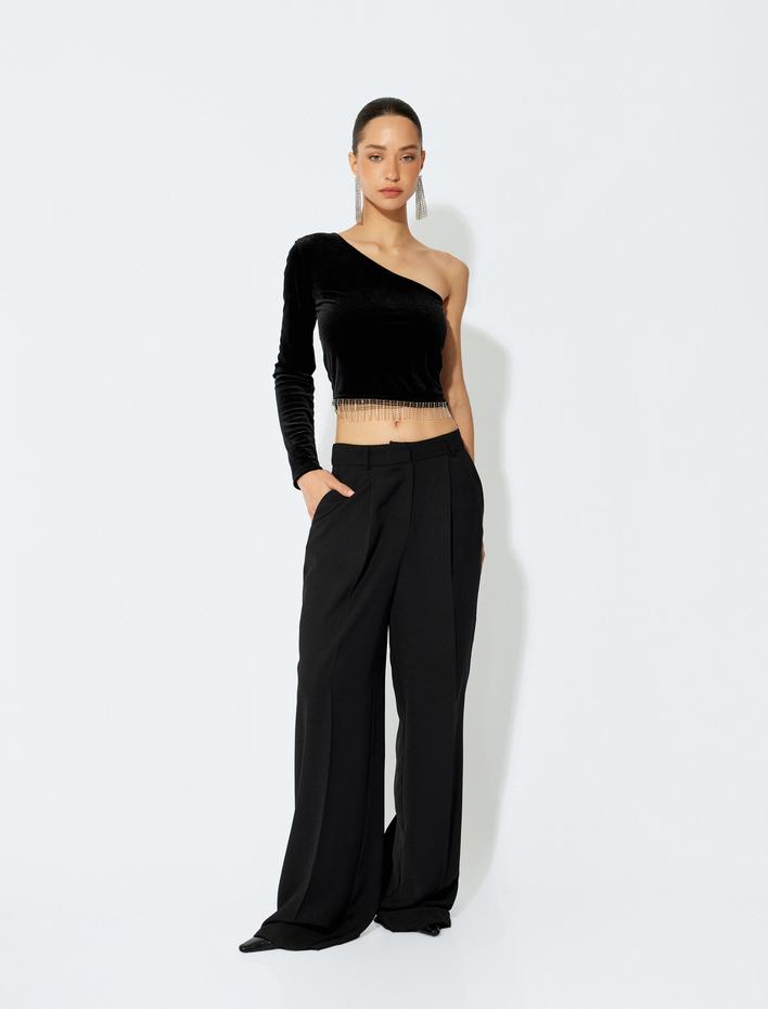  Slim Fit Uzun Kollu Taşlı Tek Omuz Kadife Body