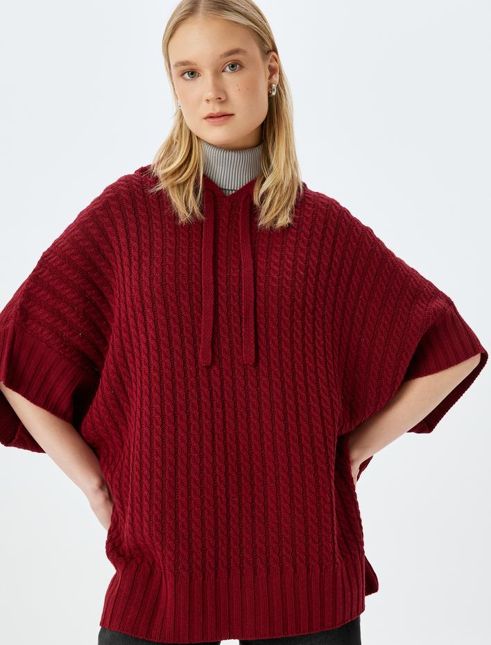  Oversize Triko Panço Kapüşonlu Örgü Dokulu Kısa Kollu