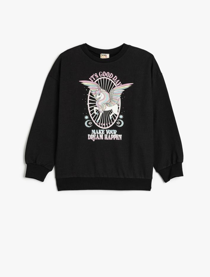 Kız Çocuk Sweatshirt Unicorn Baskılı Uzun Kollu Bisiklet Yaka Şardonlu