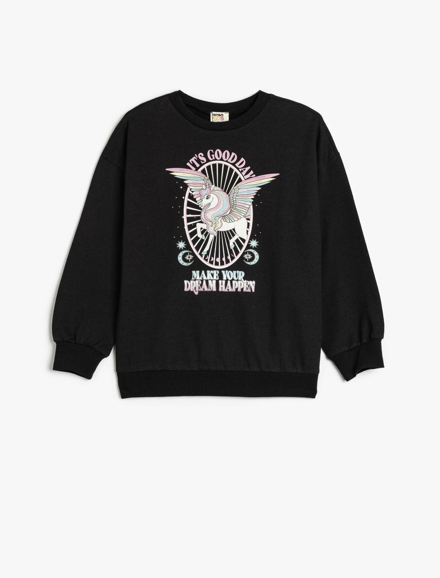  Kız Çocuk Sweatshirt Unicorn Baskılı Uzun Kollu Bisiklet Yaka Şardonlu