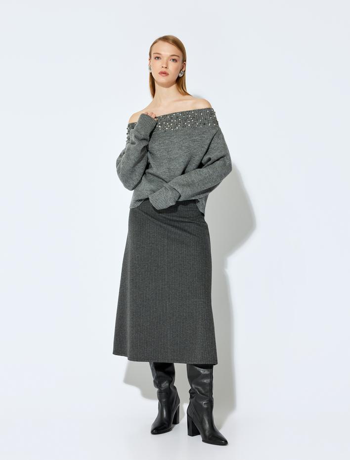  Koton X Şahika Ercümen - Metal İplik Detaylı A Kesim Çizgili Midi Boy Etek