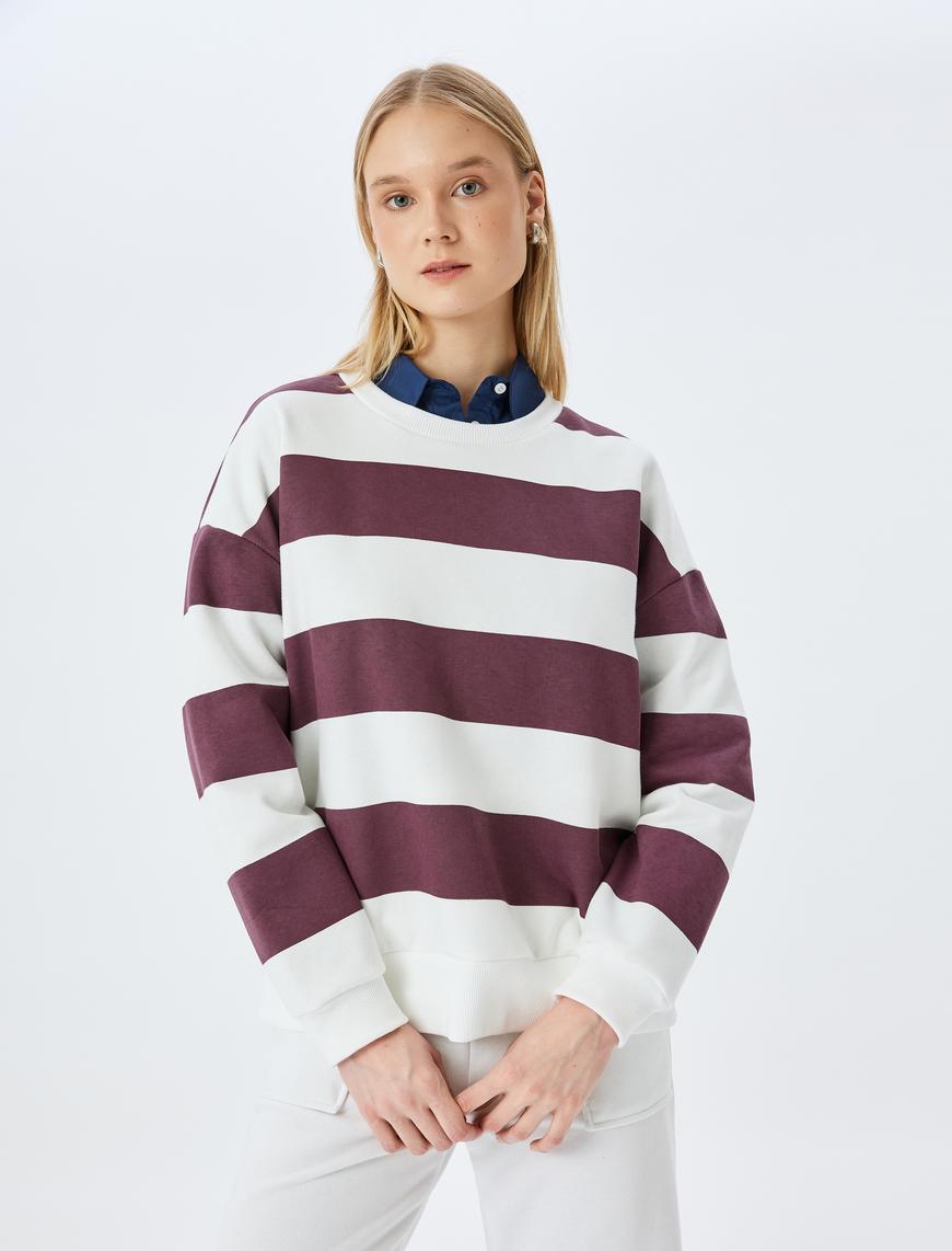   Bisiklet Yaka Renk Bloklu Uzun Kollu Şardonlu Oversize Sweatshirt