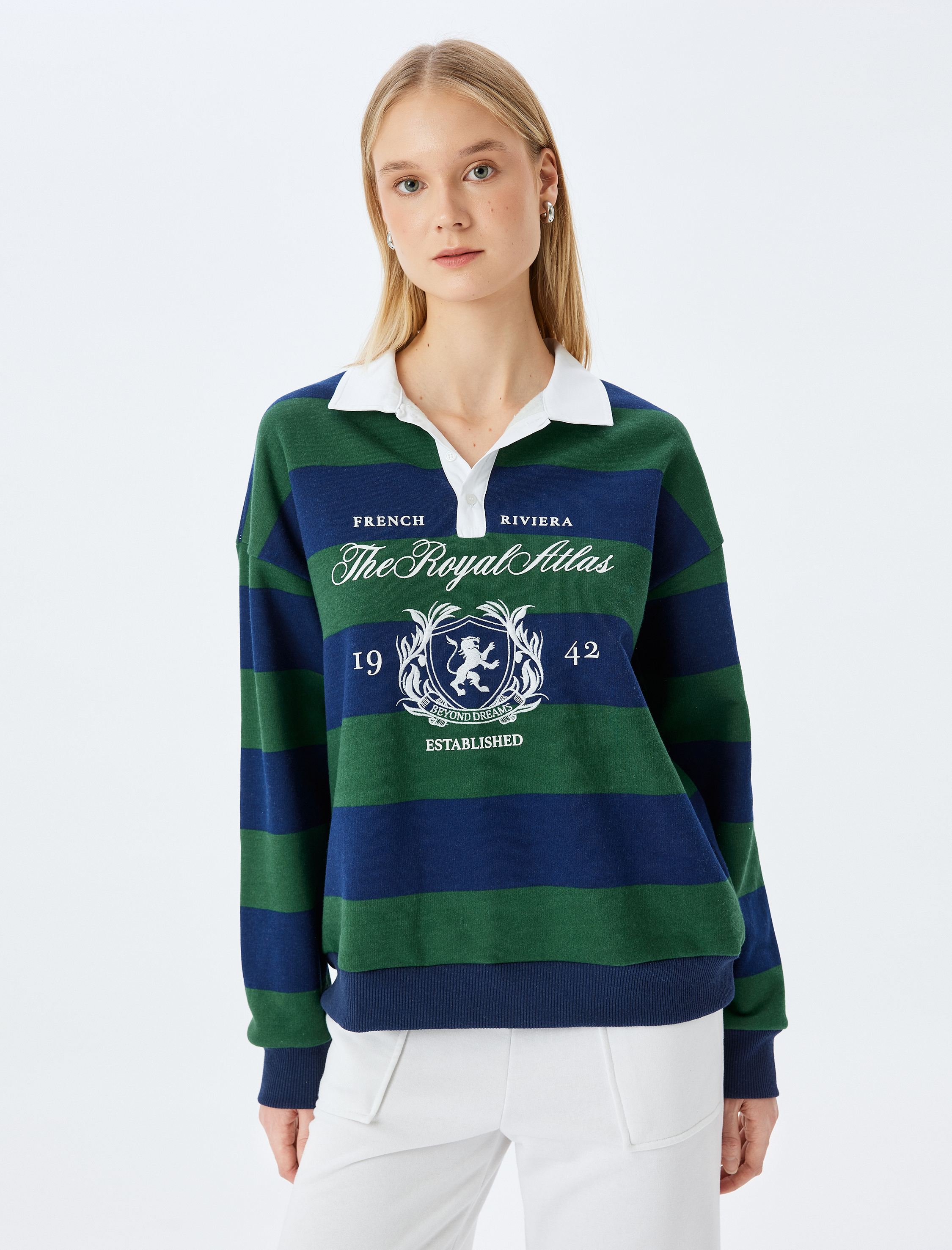   Kolej Baskılı Polo Yaka Renk Bloklu Şardonlu Sweatshirt