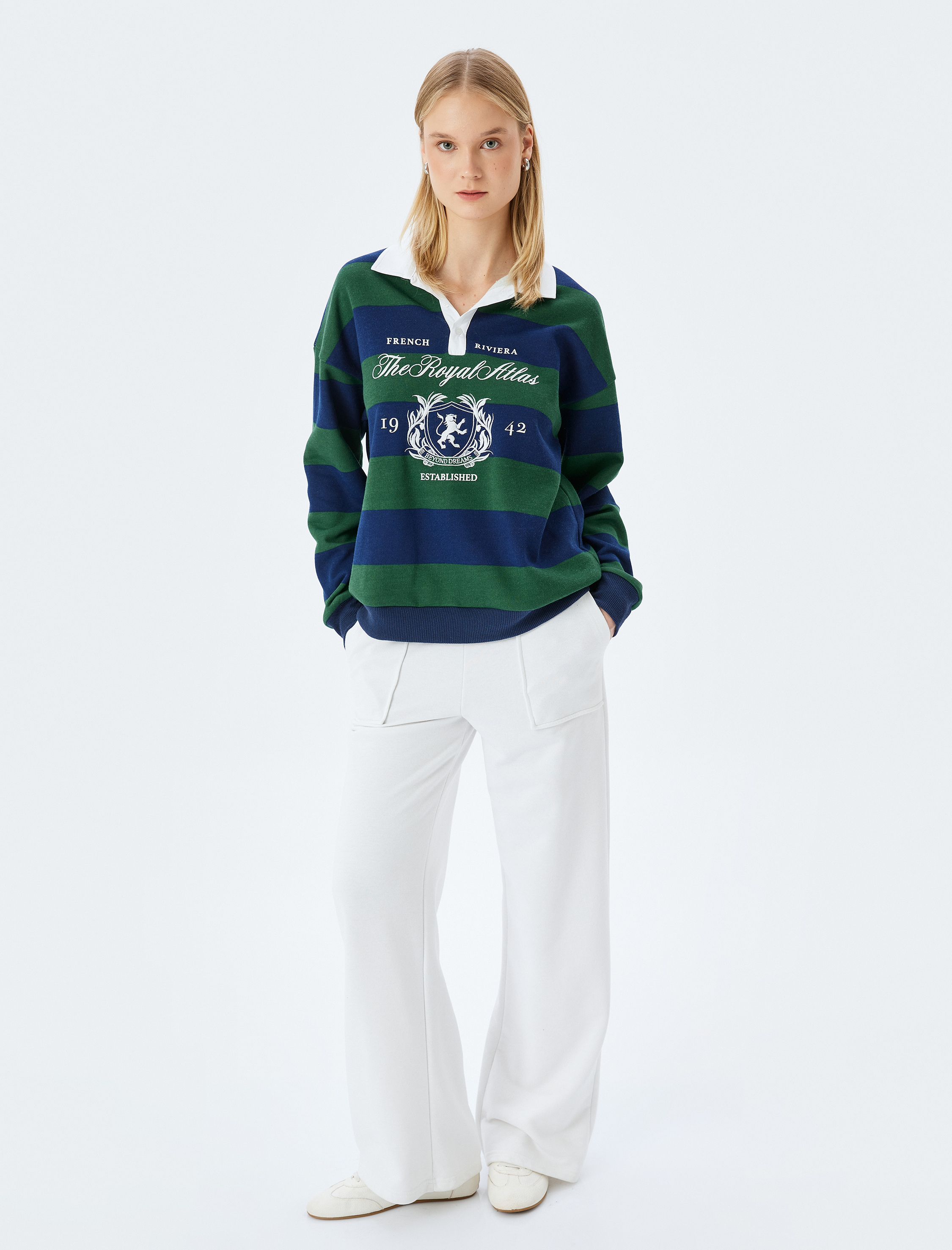   Kolej Baskılı Polo Yaka Renk Bloklu Şardonlu Sweatshirt